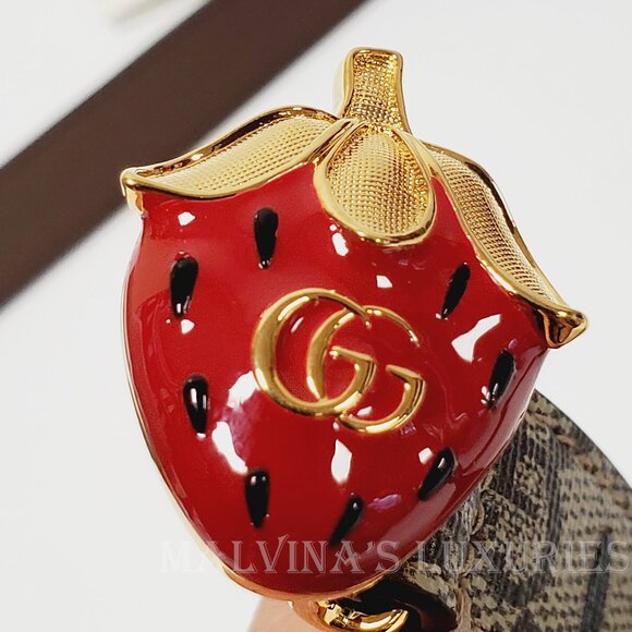 GUCCI BELT GG SUPREME CANVAS STRAWBERRY ENAMEL BUCKLE w DOUBLE G sz 100 / 40 - Picture 8 of 12